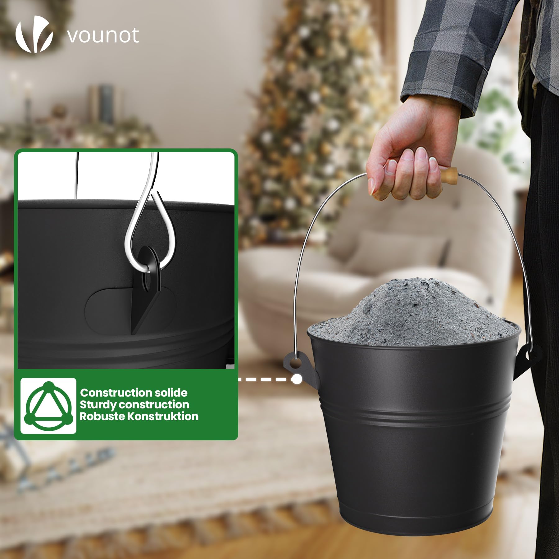 VOUNOT® Cubo Cenizas con Tapa y Set Barrido 5L Contenedor Ceniza con Asa, Pala y Escoba de Mano, Accesorios para Chimenea Estufa, Recipiente con Asas para Carbón y Restos de Leña, Metálico, Negro