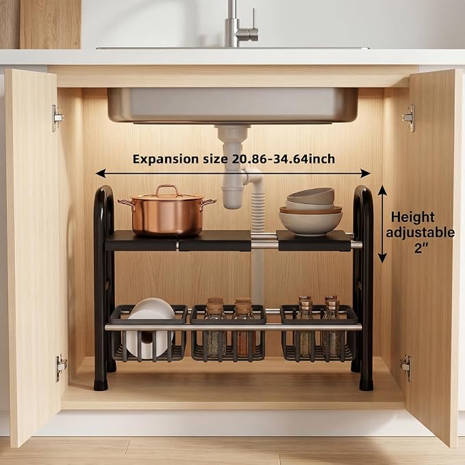 Organizador Expandible Bajo Fregadero de 2 Niveles 20.9"-34.6" con 3 Canastas y 3 Paneles Removibles para Cocina y Baño Negro miniatura 4