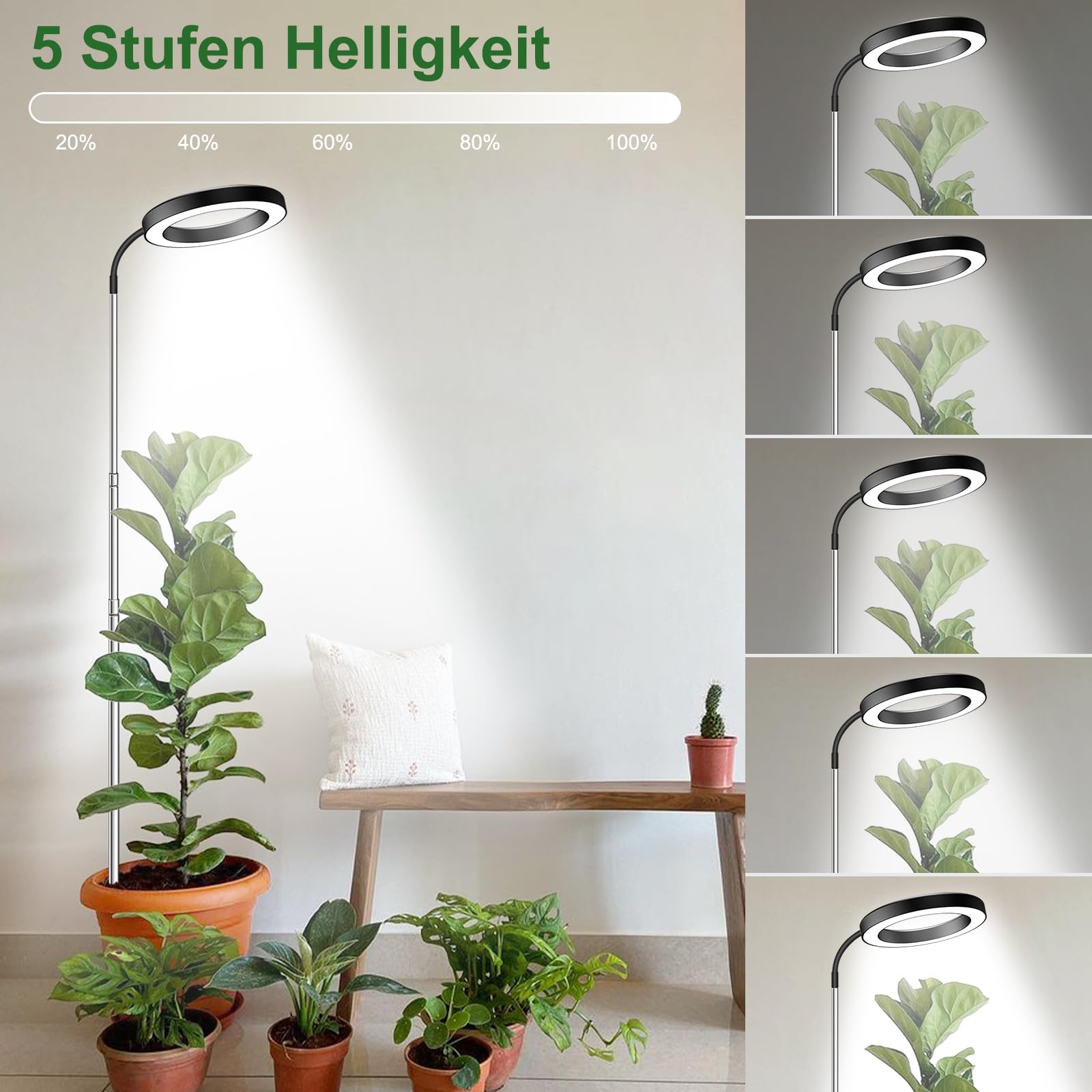 wolezek Pflanzenlampe LED Vollspektrum, 80 LEDs 6500K Grow Light, 160cm Großes Grow Lampe, 3 Farben Pflanzenlicht mit 360° Schwanenhals, 6/12/16H Timer, 5 Helligkeit, Höhenverstellbar, Schwarz