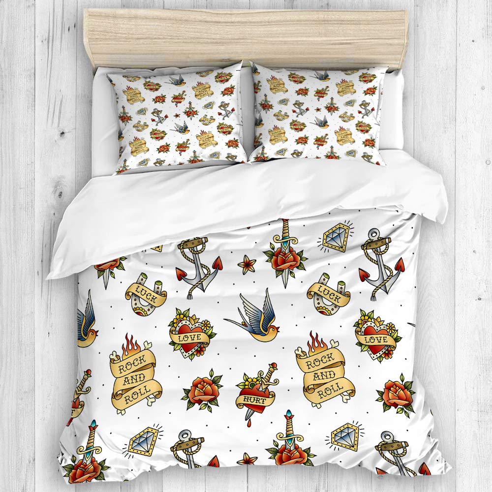 Dahallar Style01 Bedding-Duvet Cover Set,Old School Tattoo Vintage Pattern On White Background,Microfibre 200X200 With 2 Pillowcase 50X80,Double