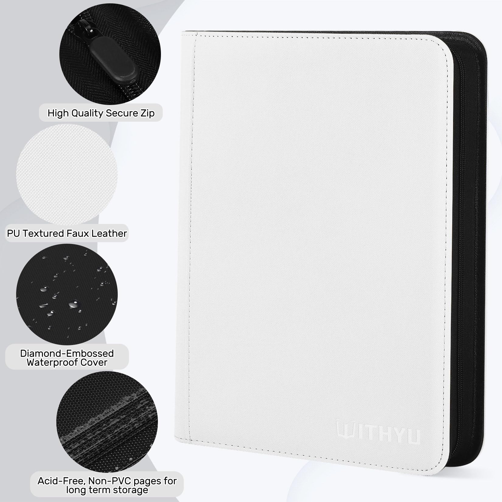 WITHYU Album da Collezione per Carte 16 Tasche, Capacità 1024 Carte - Portacarte Impermeabile Caricamento Laterale con Zip per TCG, Calcio & Collezioni, Portatile (Bianco)