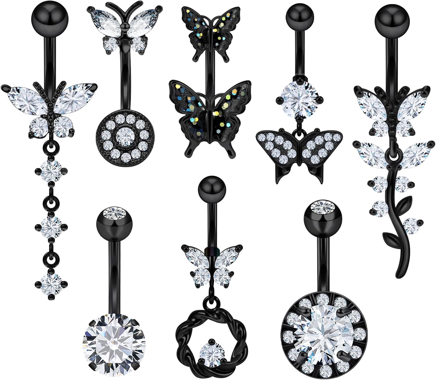 Vsnnsns 14G Belly Button Ring Piercing Jewelry 316L Stainless Surgical Steel Heart CZ Pearl Butterfly Flower Navel Rings Dangle Belly Button Ring Navel Piercing Jewelry for Women Men Hypoallergenic