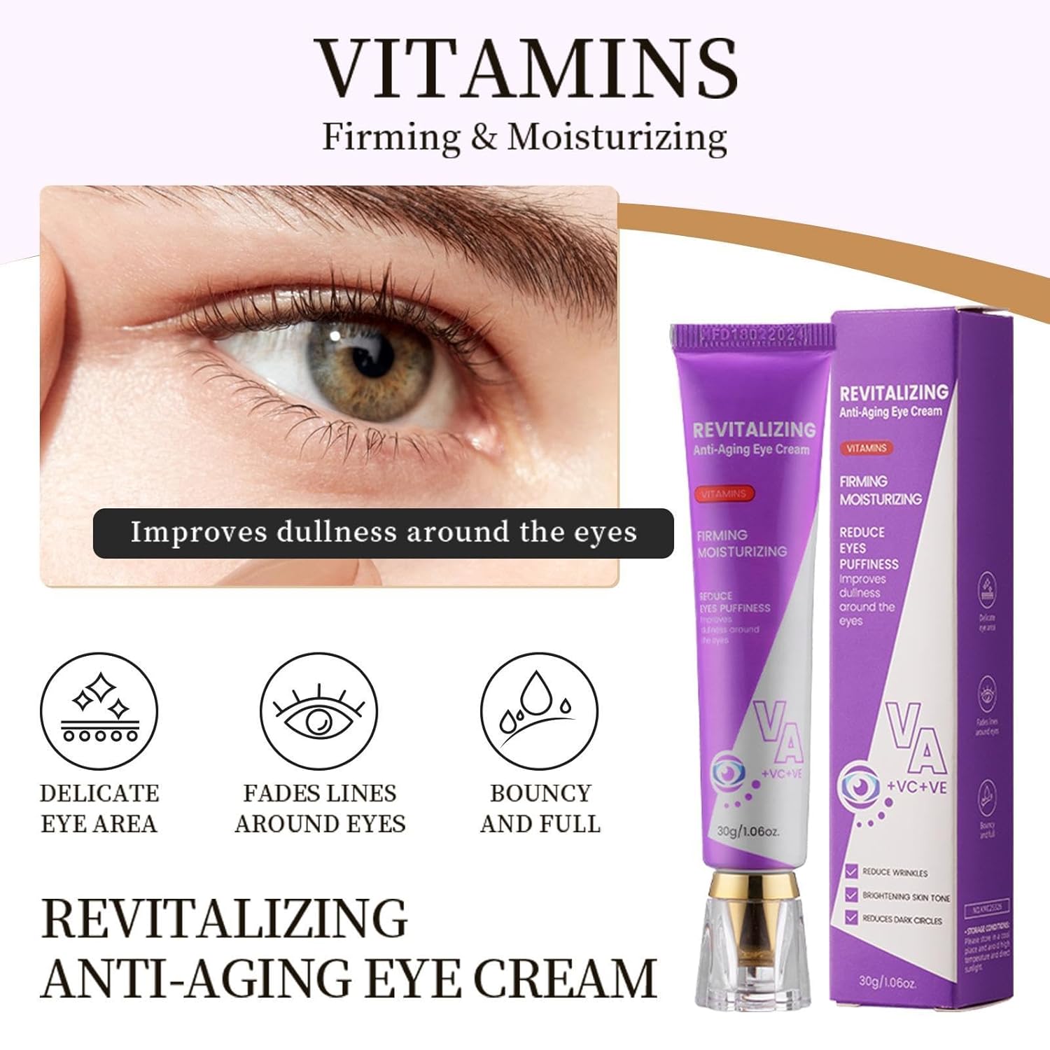 Eye Cream for Dark Circles and Puffiness - Anti Aging Eye Cream Enriched with VA VC VE, Firming & Hydrating Under Eye Treatment for Wrinkles, Eye Bags, Fine Lines, 30g/1oz - Image 2