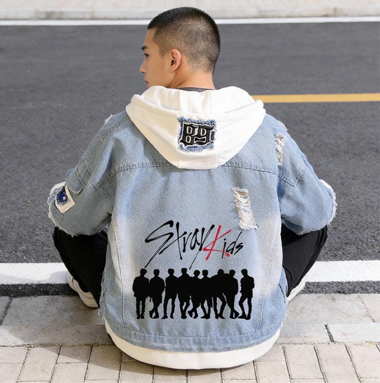 KPOP Stray Kids Denim Jacket, Felix Jisung Hyunjin Minho Bangchan Changbin Concerts Unisex Bouton avec capuchon