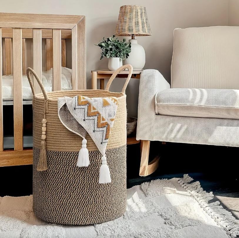 Cesto para la colada, 58 L, con asa, con algodón de alta calidad y tejido de lino, para salón y dormitorio (38 x 50 cm, café + negro)