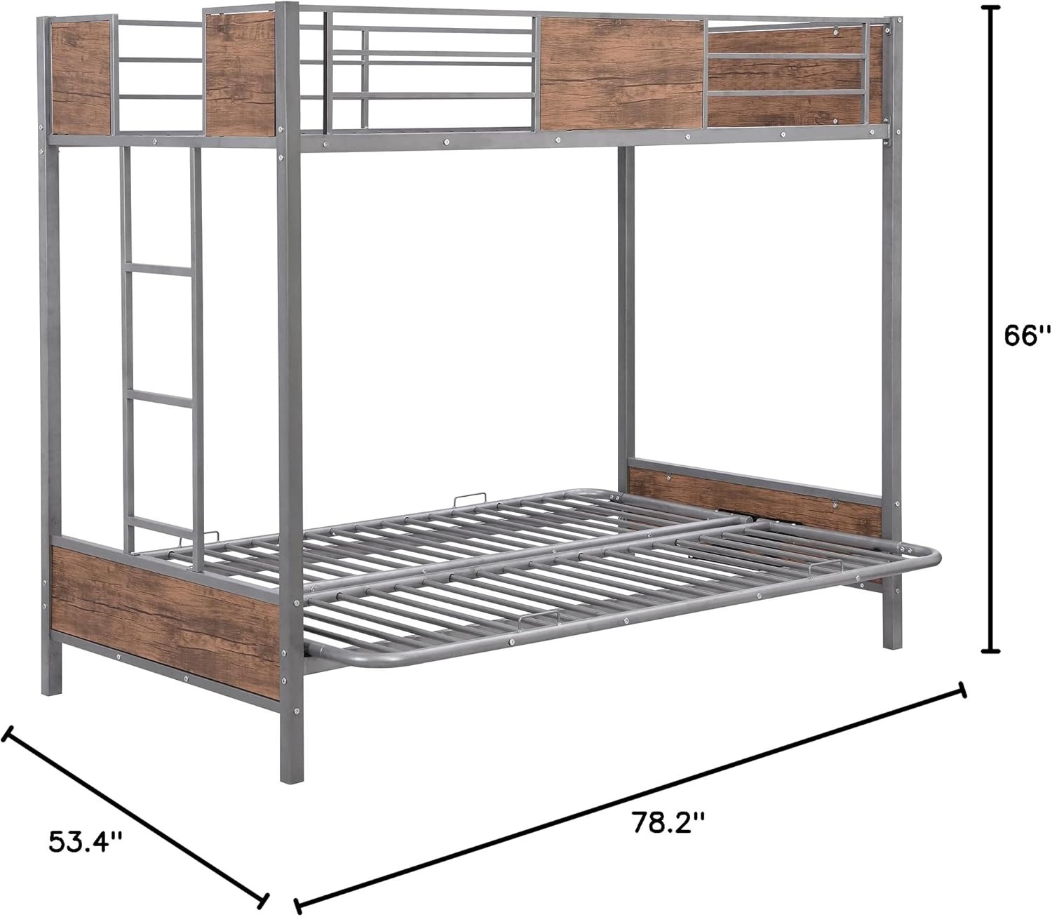Twin-Over-Futon Bunk Bed, Metal Futon Bunk Bed Frame with Guardrails and Ladder(Gray)