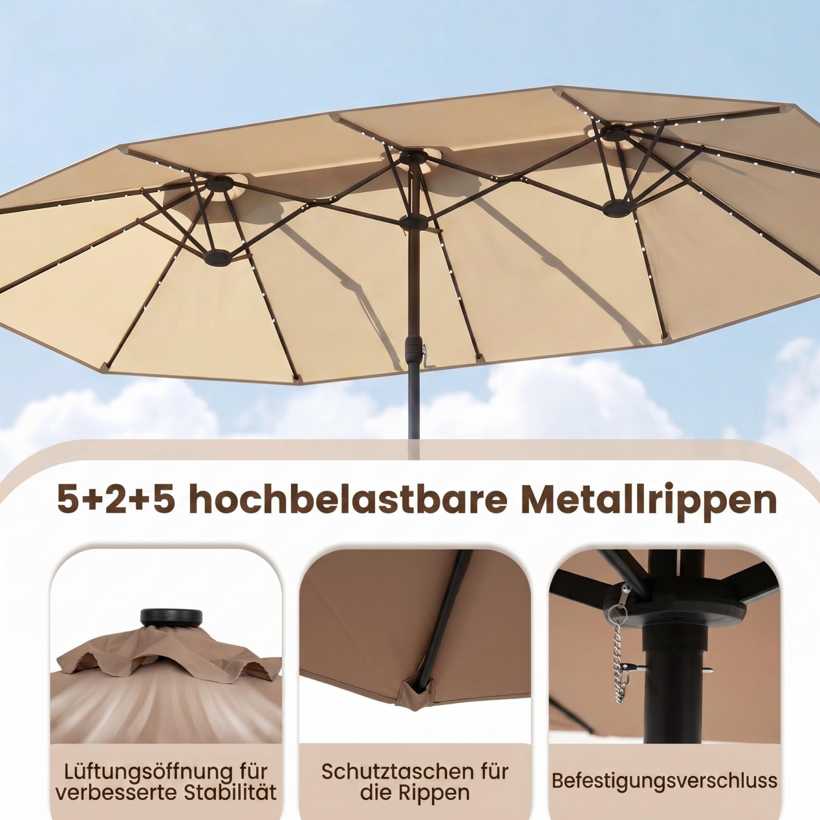 COSTWAY Doppelsonnenschirm mit Ständer und LED-Solar-Beleuchtung, 450 x 260 cm, Sonnenschirm Groß XXL, UPF 50+, Gartenschirm mit Kurbel, Terrassenschirm, Marktschirm für Garten, Terrasse, Beige