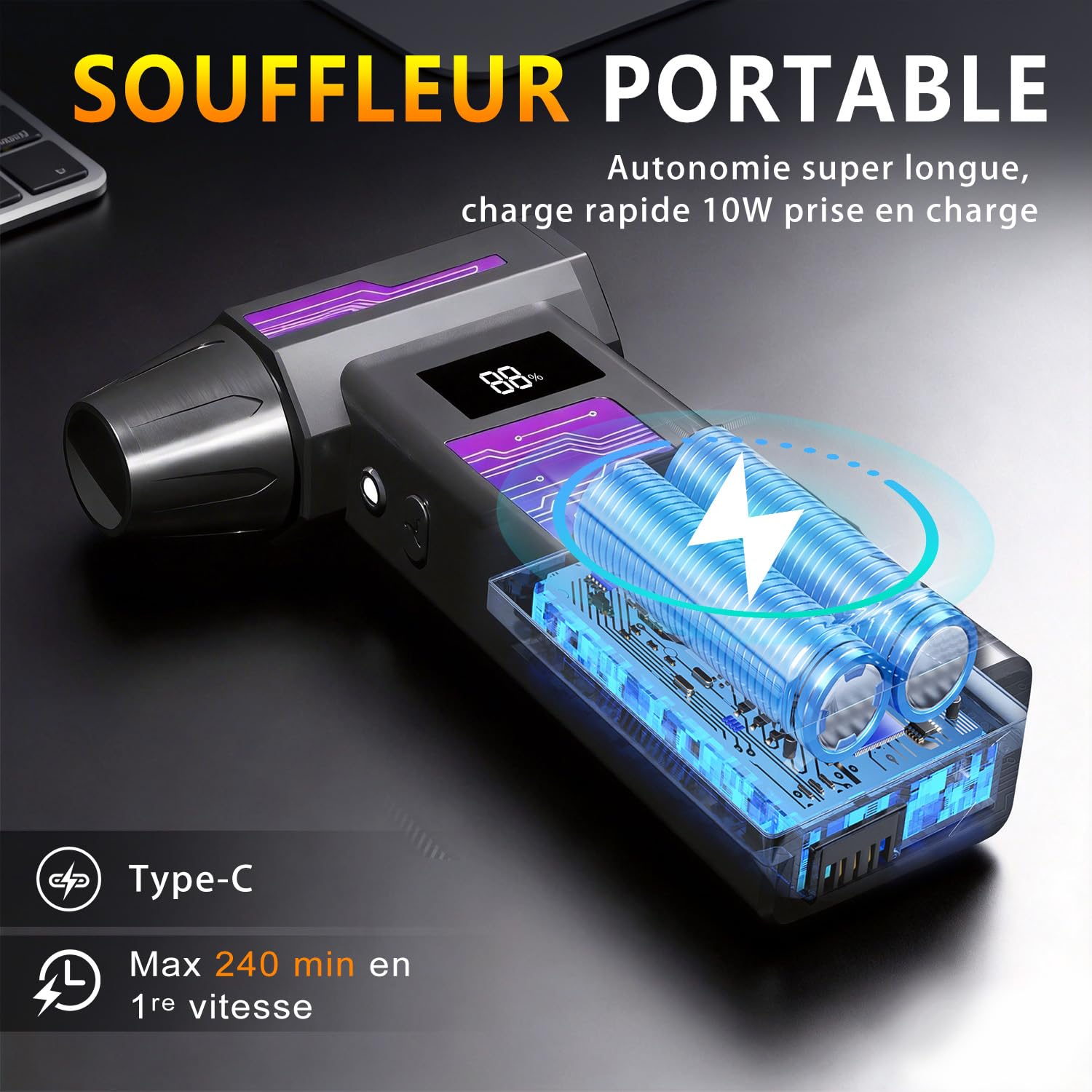 Souffleur Air Comprimé – Souffleur PC 120 000 TR/Min, 4 Vitesses Réglables, sans Fil – Dépoussiéreur Haute Puissance pour PC, Clavier, Voiture, Maison