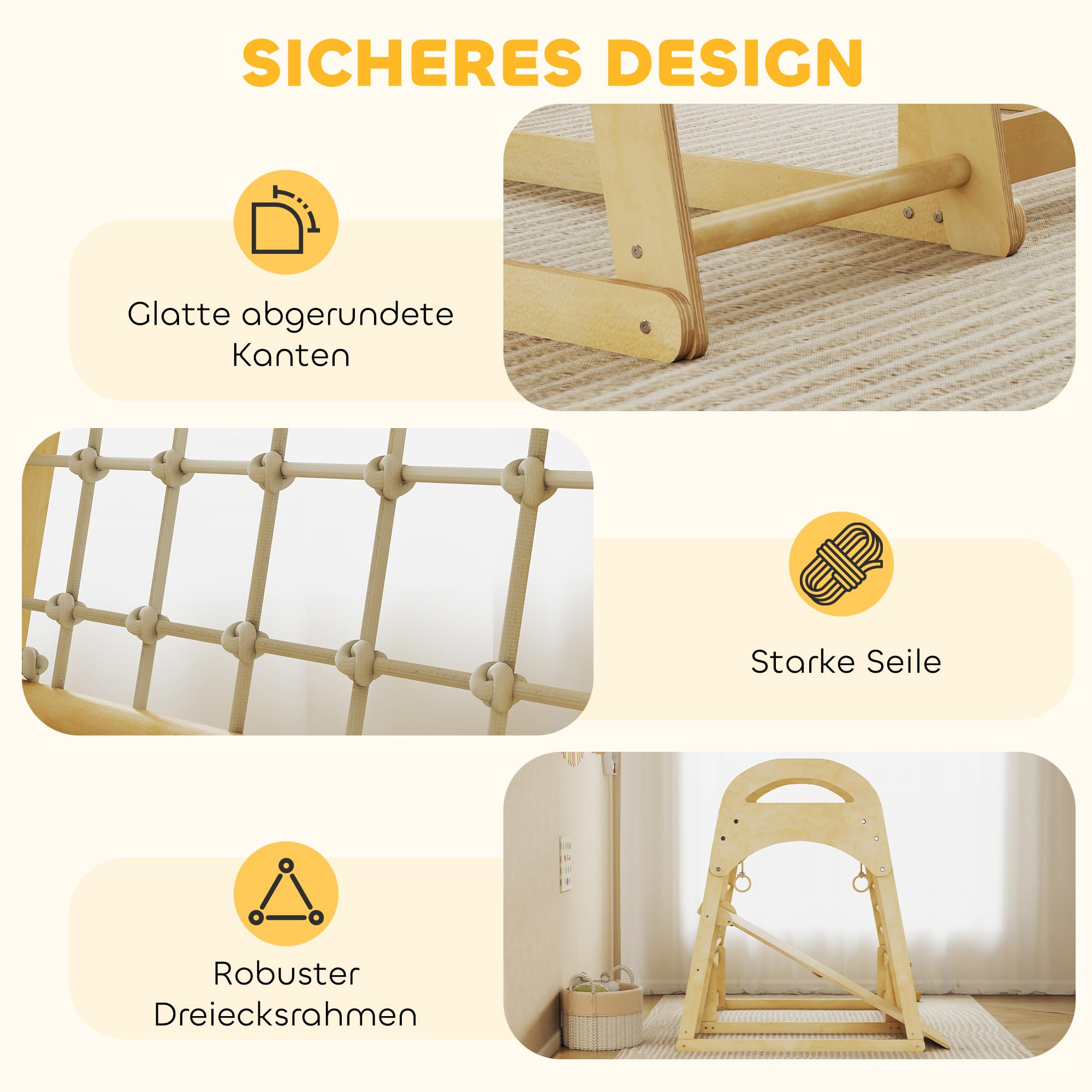 AIYAPLAY 6-in-1 Montessori Klettergerüst Indoor für 3-6 Jahre, Naturholz | Indoor Spielplatz, Mit Rutsche, Kletterstangen, Turnringen, Leiter, Kletternetz, Kletterturm Indoor