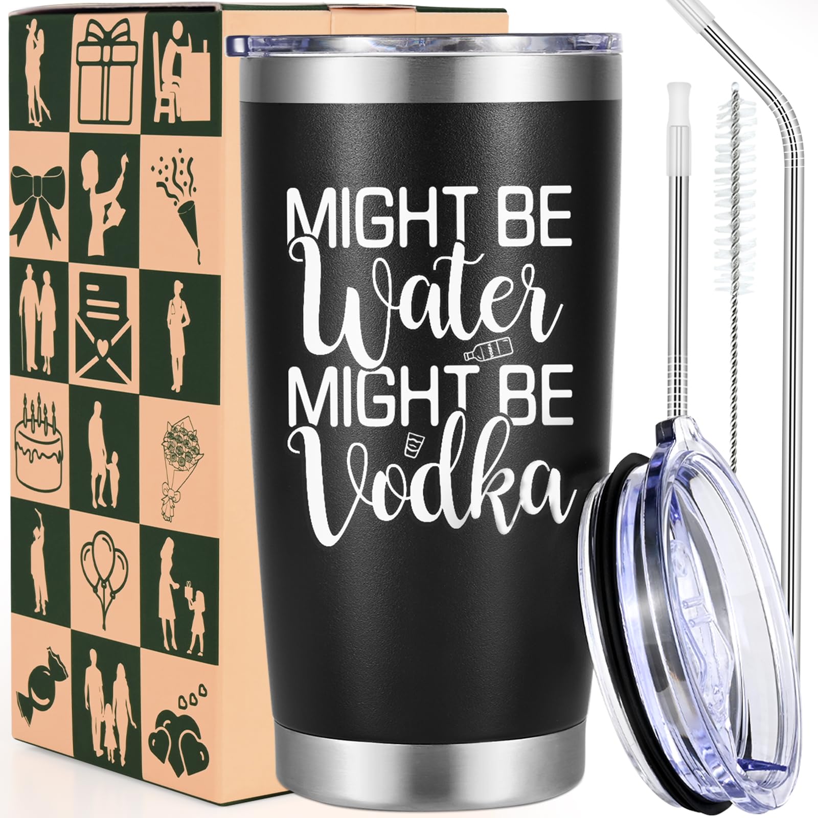 LiqCool Might Be Water Might Be Vodka Tumbler, Wine Gifts for Christmas Birthday, Funny Tumblers Gifts for Men Women Husband Friend, Cool Novelty Travel Tumbler Gifts for Women, 20 Oz Insulated Black