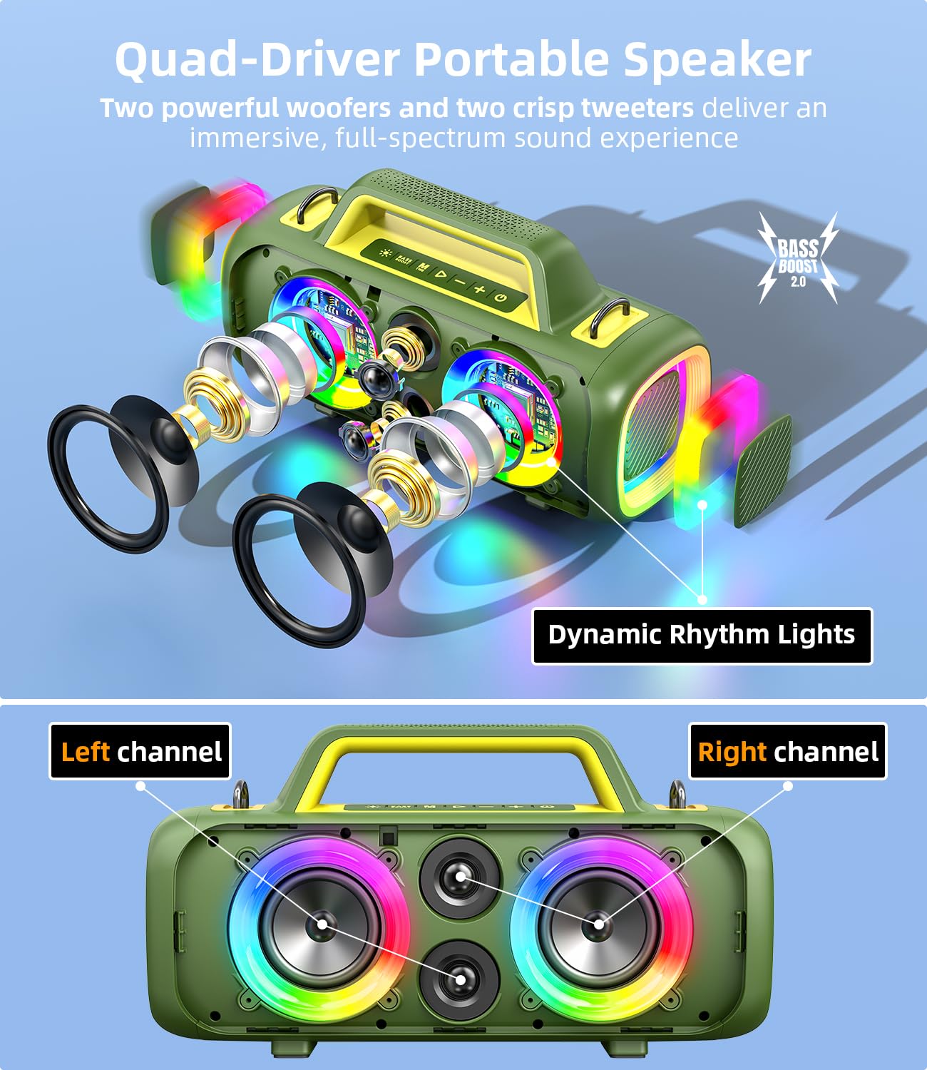 VUOPAX Cassa Bluetooth Portatile, 140W Potente con 2 Subwoofer e 2 Tweeter, Impermeabile IP65 per Esterni, Batteria 24h, Luci RGB, per Feste, Giardino, Spiaggia - Connessioni AUX/USB/TF e TWS