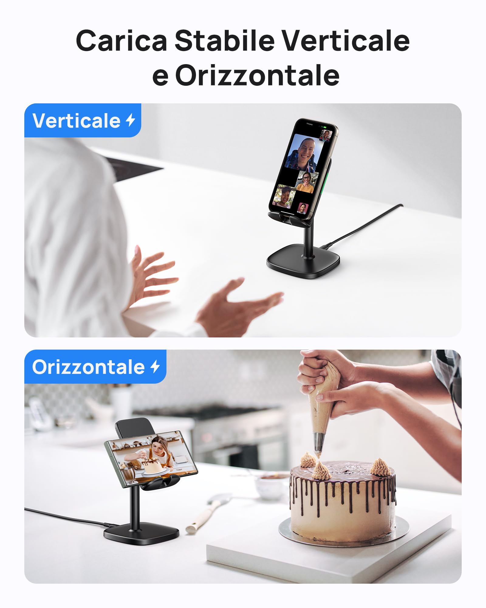 INIU Caricatore Wireless Phone Stand, 15W Certificato Qi Ricarica Rapida di Adujstable Wireless Charger Holder Indicatore Adattivo Supporto per iPhone 15 14 13 12 11 Samsung Galaxy Xiaomi Google LG