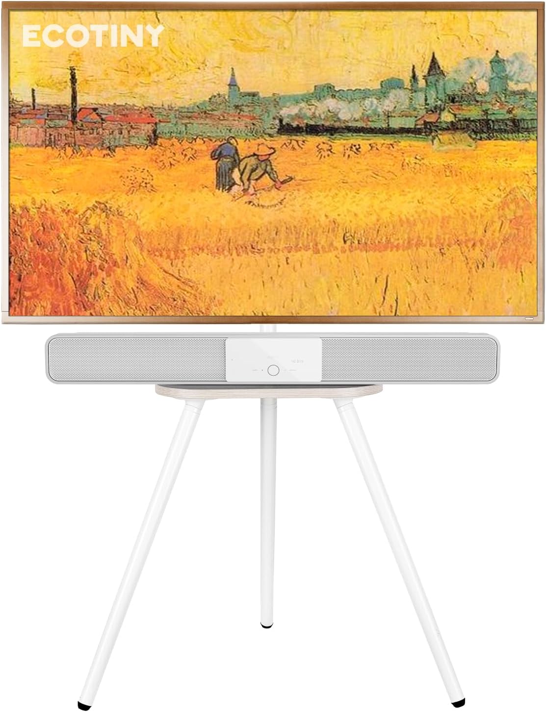 ECOTINYTripod Easel TV Stand for 40 to 65 Inch LCD Led Screen, Height Adjustable and Swievel TV Stand, Portable TV Floor Stand with Wooden Tray for Bedroom, Living Room, Studio, Metal White