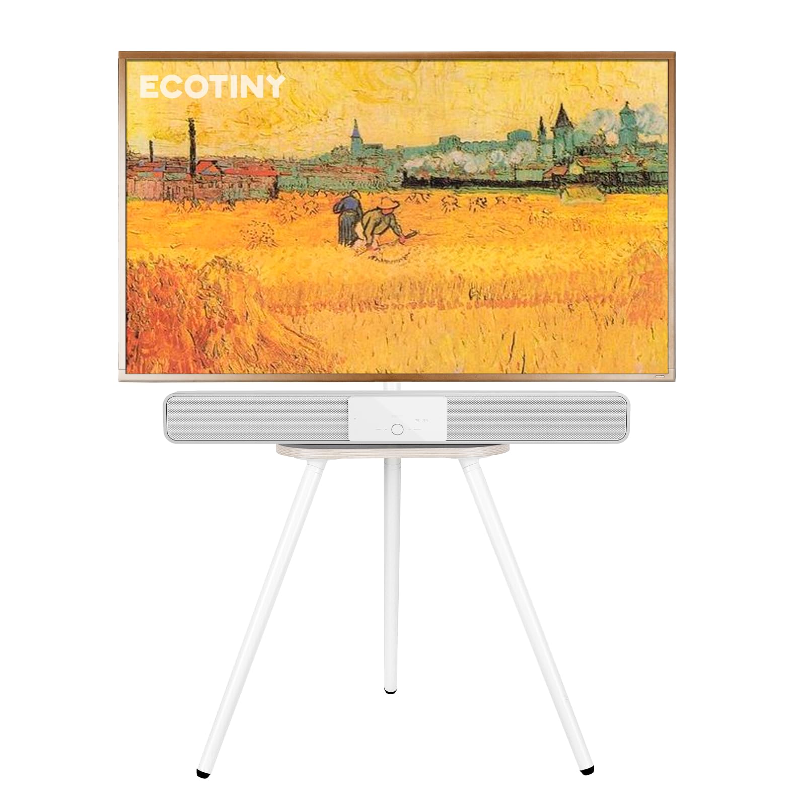 ECOTINYTripod Easel TV Stand for 40 to 65 Inch LCD Led Screen, Height Adjustable and Swievel TV Stand, Portable TV Floor Stand with Wooden Tray for Bedroom, Living Room, Studio, Metal White