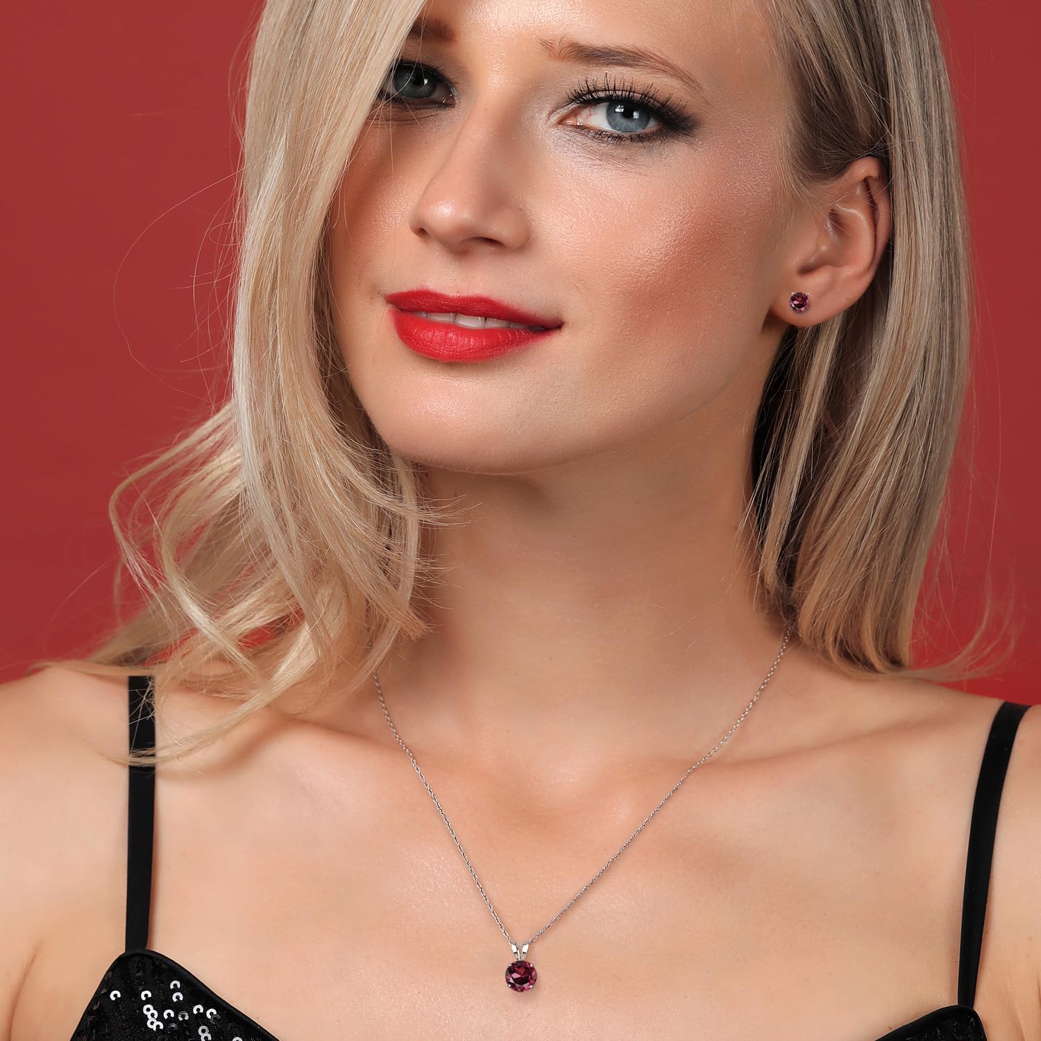 Gem Stone King 14K White Gold Red Rhodolite Garnet Pendant Earrings Jewelry Set For Women | 1.74 Cttw | Gemstone January Birthstone | Round 6MM | with 18 Inch Chain - Image 3