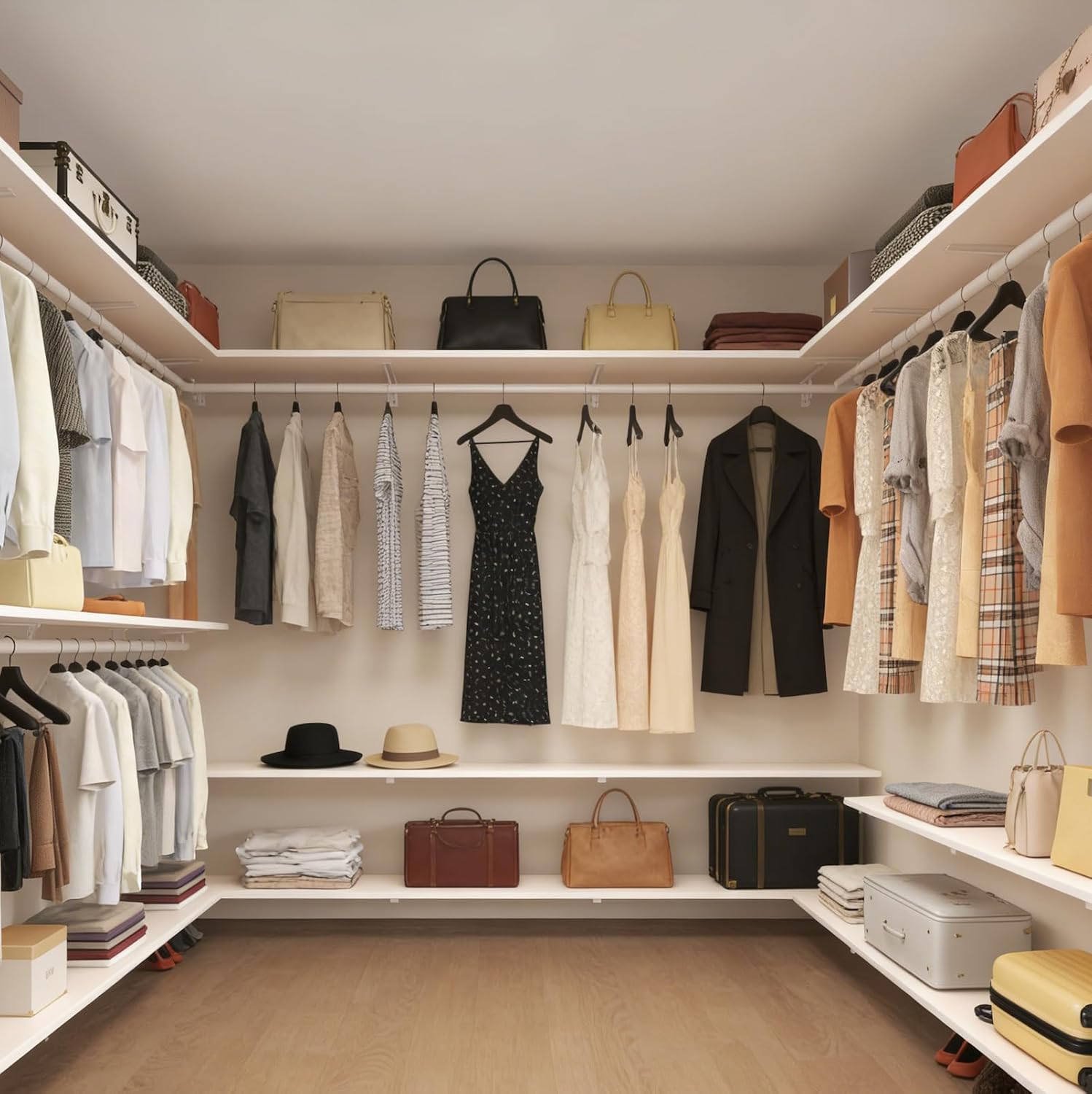 Closet Shelf with Hanging Rod, Heavy Duty Closet Organizer System, Closet Shelves Hold 220 lbs, Wall Mounted Closet Storage & Organizers for Walk in Laundry Room