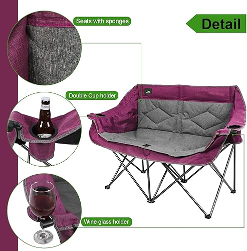 Miniatura 4 de Northroad Silla plegable de camping portátil doble dúo acolchado completo para 2 personas con 2 portavasos para copas de vino, soporta 600 libras