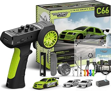 Turbo Racing 1/76 RC Drift Car, RWD Mini Car with Gyro RTR - C66 | Tabletop racing agility, Proportional steering throttle, USB-C rechargeable battery, LED lights extra DIY shells