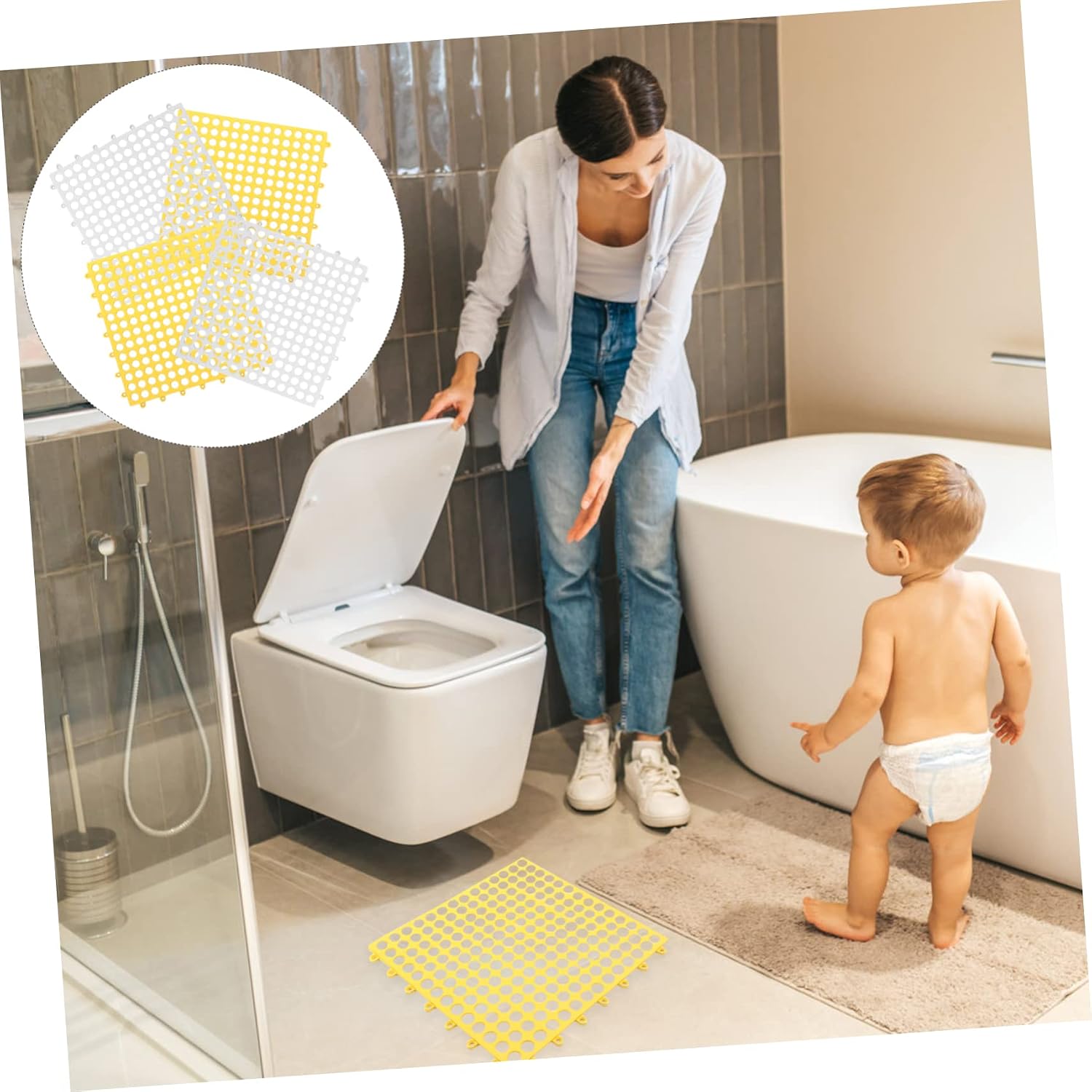 4Sheets Non-Skid Hollow-Out Bath Mat Anti-Slip Shower Cushion for Bathroom Pet Cage and Door Entry Yellow and White Mats for Protection