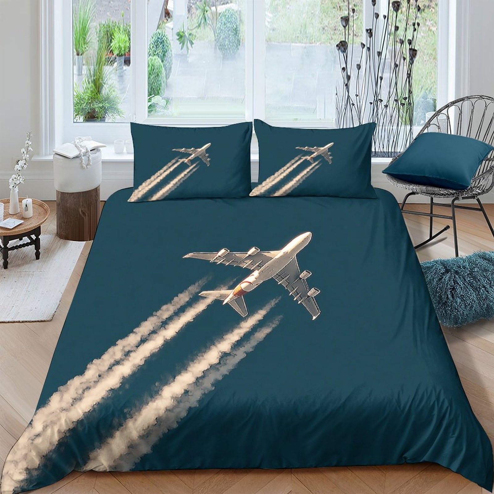TUFRTGYHN 3D Printed Airplane Sky Duvet Cover Microfiber Soft Breathable Cloud Trail Bedding Set with 2 Pillowcases for Bedroom Decor Single（135x200cm）