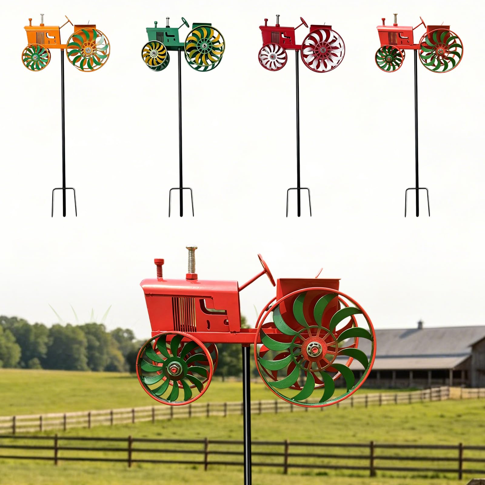 HTU Vintage Tractor Wind Spinner, Tractor Unique Outdoor Sculptures, Noiseless Ground Windmills Sun-resistant Windmill Decorative Stake for Patio Yard Garden for Outdoor-MIX-4PCS