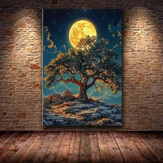 XBTYKPB Lienzo impreso en póster, Árbol bajo una luna amarilla gigante por la noche, imágenes estéticas divertidas y misteriosas, pósteres pintados (50x70cm/sin marco)