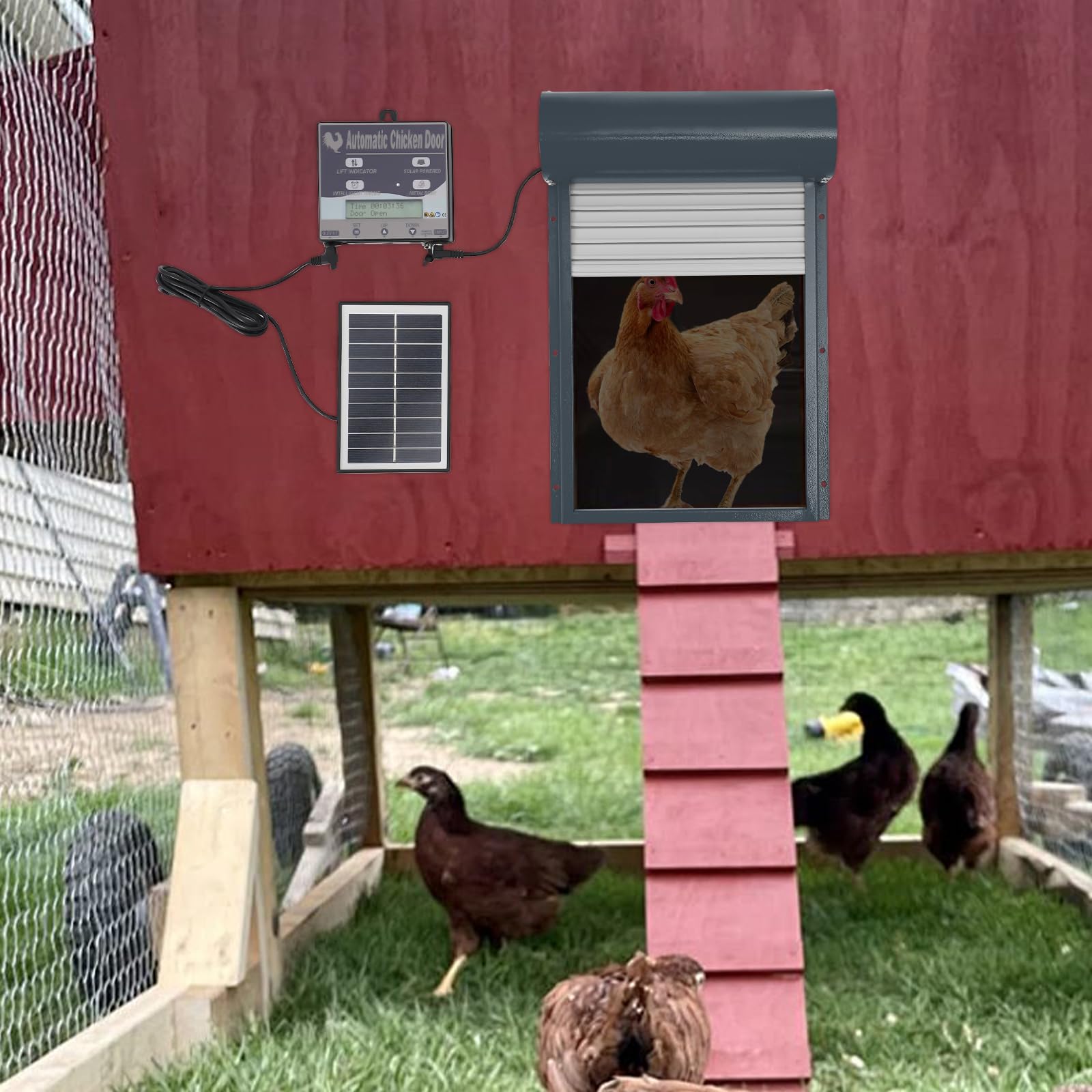 Automatische Hühnerklappe, Hühnerklappe Solar mit Fernbedienung Timer LCD Display, Wasserdicht Hühnerklappe Hühnerstall Zubehör für Hühner, Gänse, Enten (Grau)
