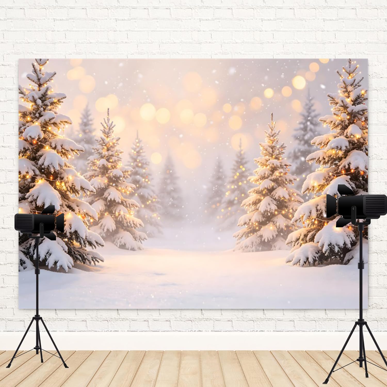 3 x 2,4 m Inverno Wonderland Fotografia Sfondo innevato Pino Foresta con neve che cade Luci Dorate Sfondo per Natale Capodanno Festa Photo Booth Ritratto Sparare Decorazioni Vacanze