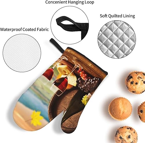 Miniatura 5 de Juego de 4 manoplas de horno y soportes para ollas con temática de vino, guantes resistentes al calor para cocina, hornear, asar a la parrilla,
