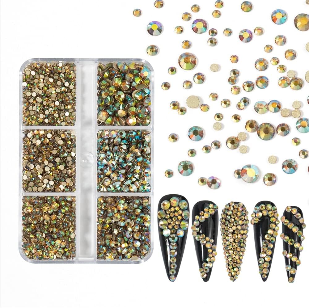 HNUIX Luxury Shini 3D Diamond Illusion Champagne Multi-Size Nail Rhinestones Flatback Nail Charms Flat Bottom Crystals Nail Art 3D Decoration Gem Kit - (Color: Champagne Illusion)