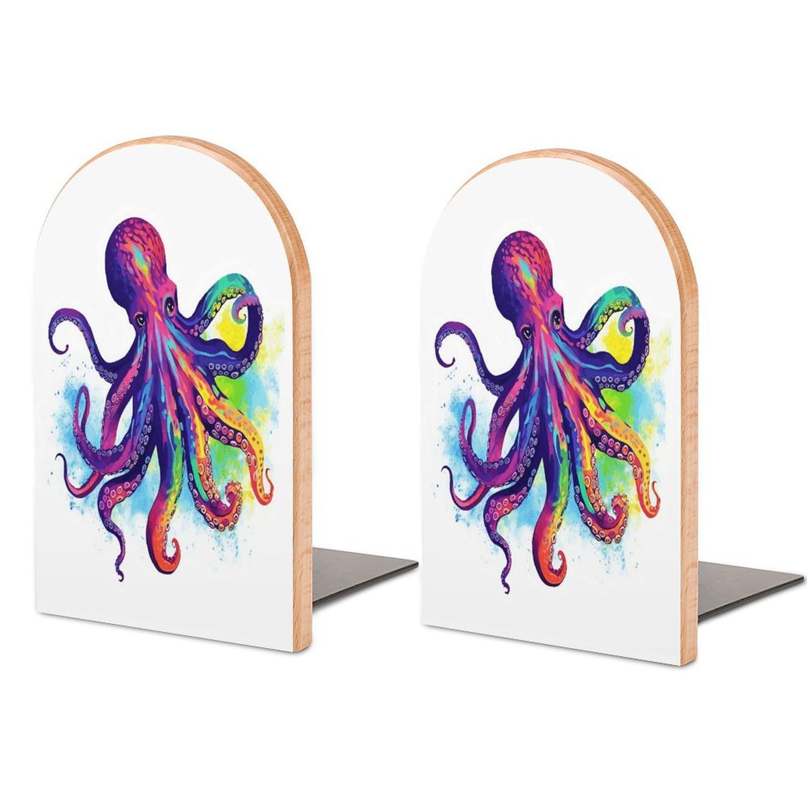 Colorful Octopus Bookends for Shelves Non Skid Book Stoppers Universal Economy Bookend Heavy Duty Wood Book End Decorative Book Shelf Holder for Home Office Desk 1 Pair