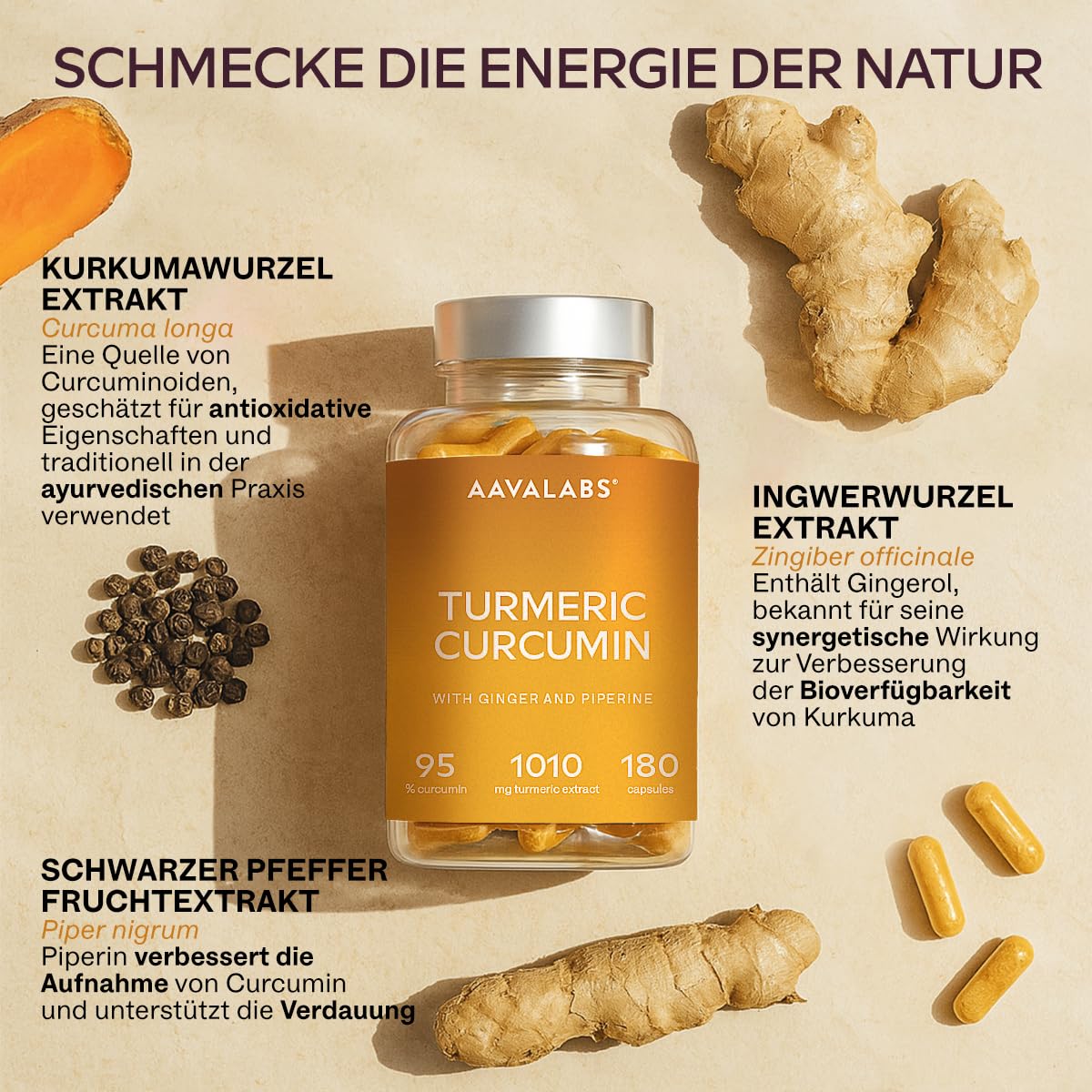 Kurkuma Kapseln Hochdosiert mit 95% Curcumin mit Piperin und Ingwer Kapseln Aavalabs - Curcumin Kapseln Vegan & Laborgeprüft - 180 Curcuma Kapseln Hochdosiert [Turmeric Capsules]