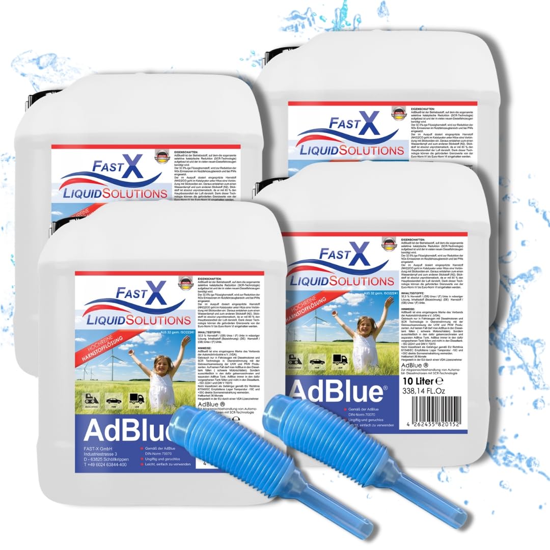 FASTX LIQUIDSOLUTIONS AdBlue 4x10 Liter (40Liter) Set inklusive Einfüllhilfe/Einfüllschlauch – Hochreine SCR Harnstoff, Harnstofflösung für Diesel Fahrzeuge, Auto, PKW, LKW