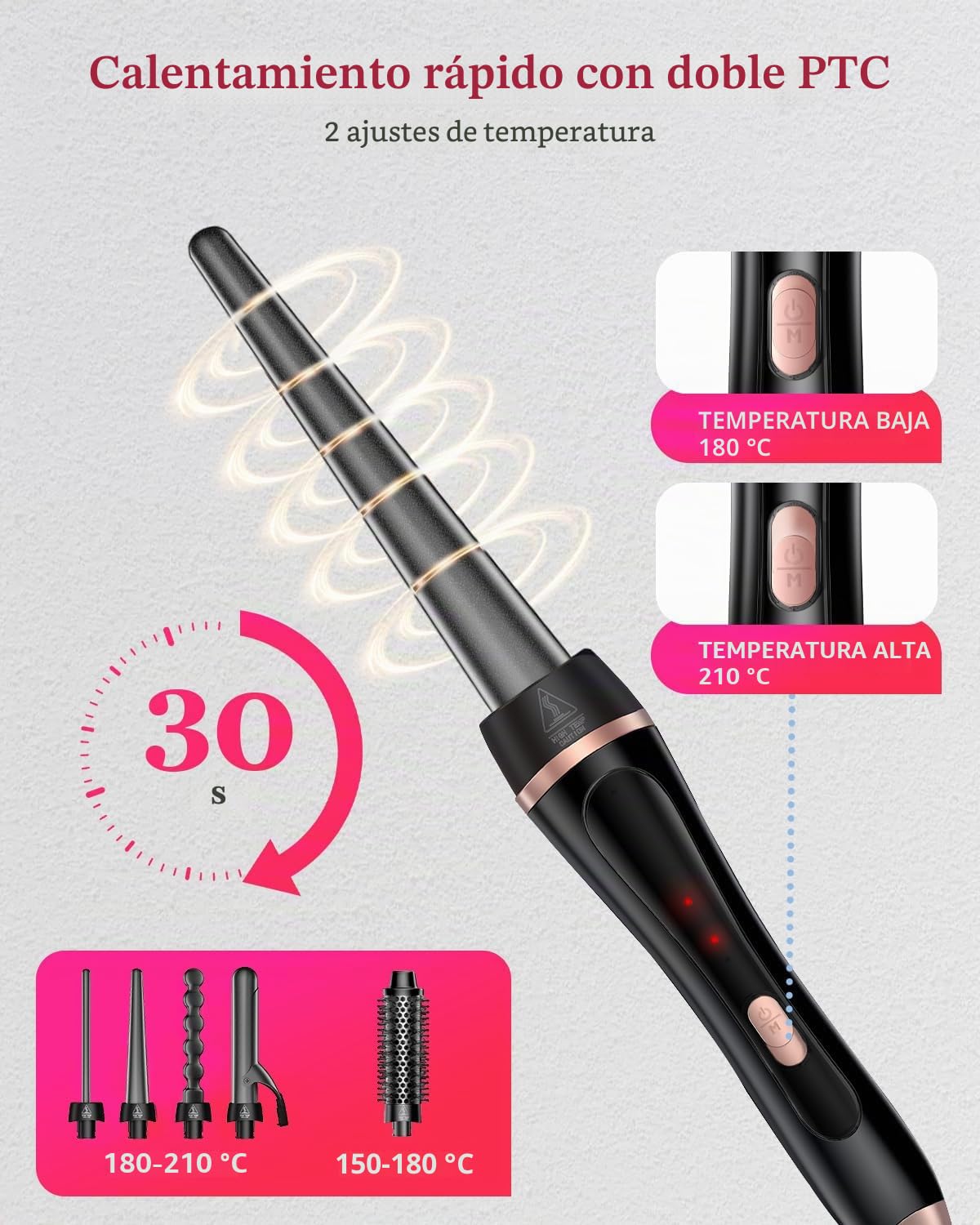 Rizador 5 en 1, Cepillo Térmico de Calentamiento Rápido con 4 Barriles Intercambiables de Cerámica (0.35"-1.25"), Herramientas de Viaje de Voltaje Dual Kit de Varilla Rizadora para Rizos y Moldeado