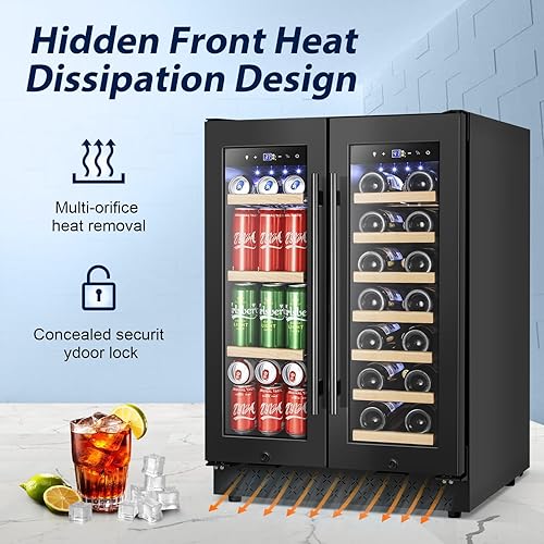 Miniatura 5 de Tylza Refrigerador de vino y bebidas de 24 pulgadas, enfriador de bebidas de vino de doble zona de 24 pulgadas con puerta francesa, refrigerador de