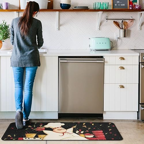 Miniatura 34 de Juego de 2 alfombras y tapetes de cocina antideslizantes, lavables, color negro, suaves, superabsorbentes, antifatiga, juego de tapetes de cocina