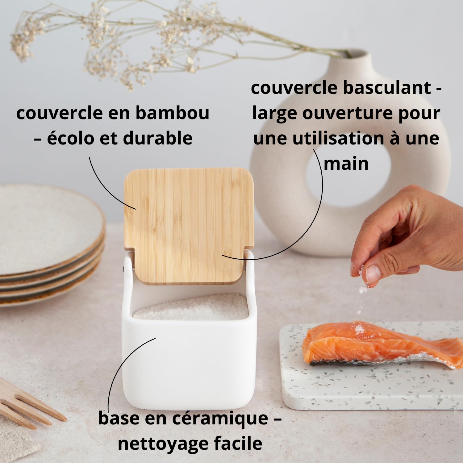 KOOK TIME Pot a sel cuisine | Boîte à sel en céramique avec couvercle en bambou