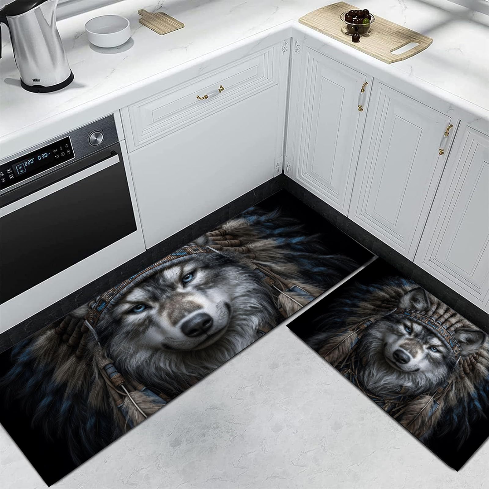 Alfombra de cocina antideslizante y alfombra pasillera lavable de dos piezas con diseño lobo