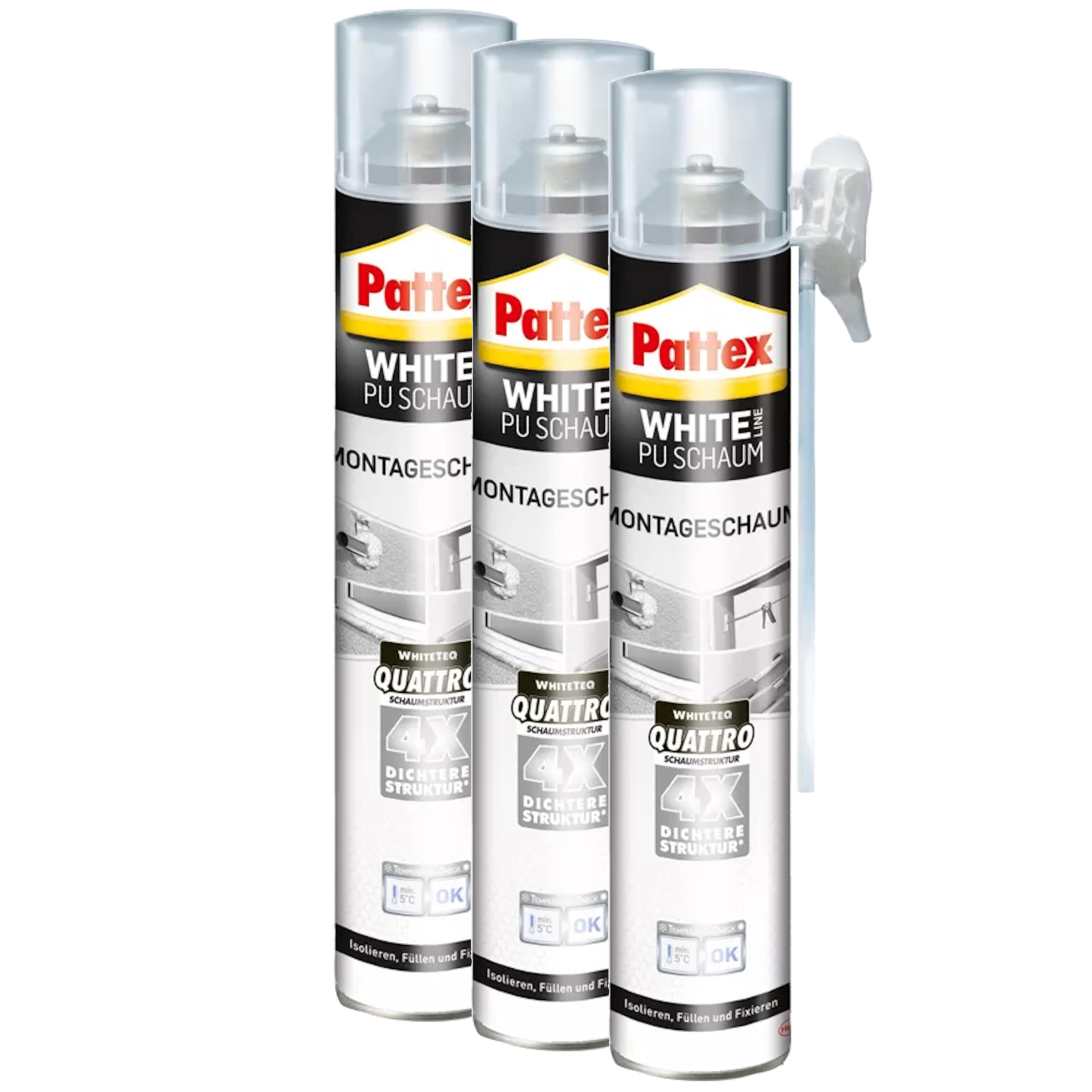 Pattex White Line Montageschaum, reinweißer PU-Schaum zum Füllen, Dämmen, Ausschäumen und Isolieren, Bauschaum mit hoher Wärme- und Schalldämmung, 3x750ml Dose