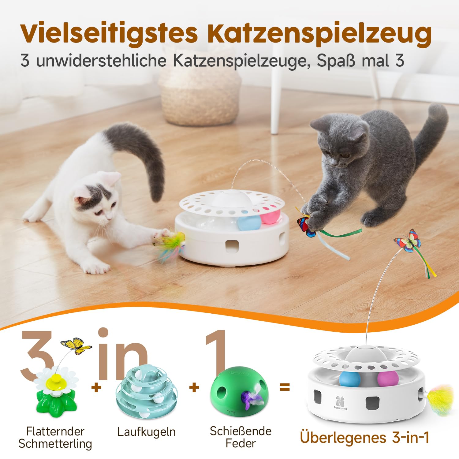 Potaroma 3-in-1 Interaktives Elektrisches Katzenspielzeug – Automatisches Federspiel, Flatternder Schmetterling & Katzenballbahn – USB-betrieben & Batteriebetriebenes für Wohnungskatzen