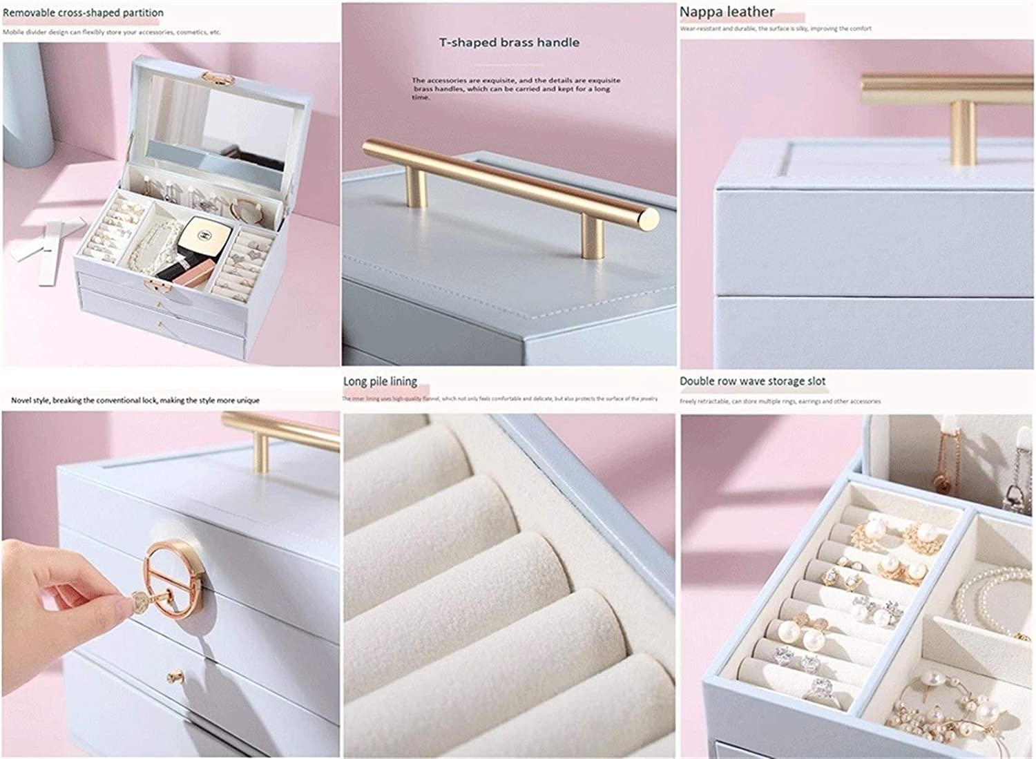 Caja De Joyería Caja Organizadora De Joyería De Cuero PU Para Mujer, Caja De Almacenamiento De Joyas De Viaje Con Cerradura Y Llave Para Collar, Pendiente, Anillo, Pulsera Organizador De Joyas(White)