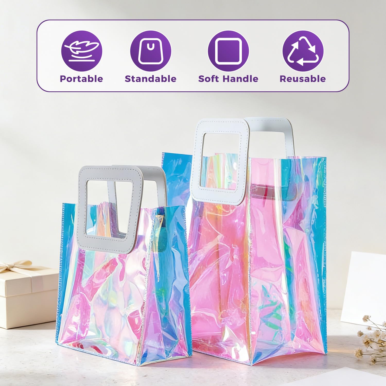 GcFoir Small Iridescent Gift Bags with Handles,15 Pcs 8.3''x8''x4'' Holographic Bachelorette Party Favor Bags, Clear Gift Bags with Handles, Reusable PVC Tote Goodie Bags for Shopping, Baby Showers