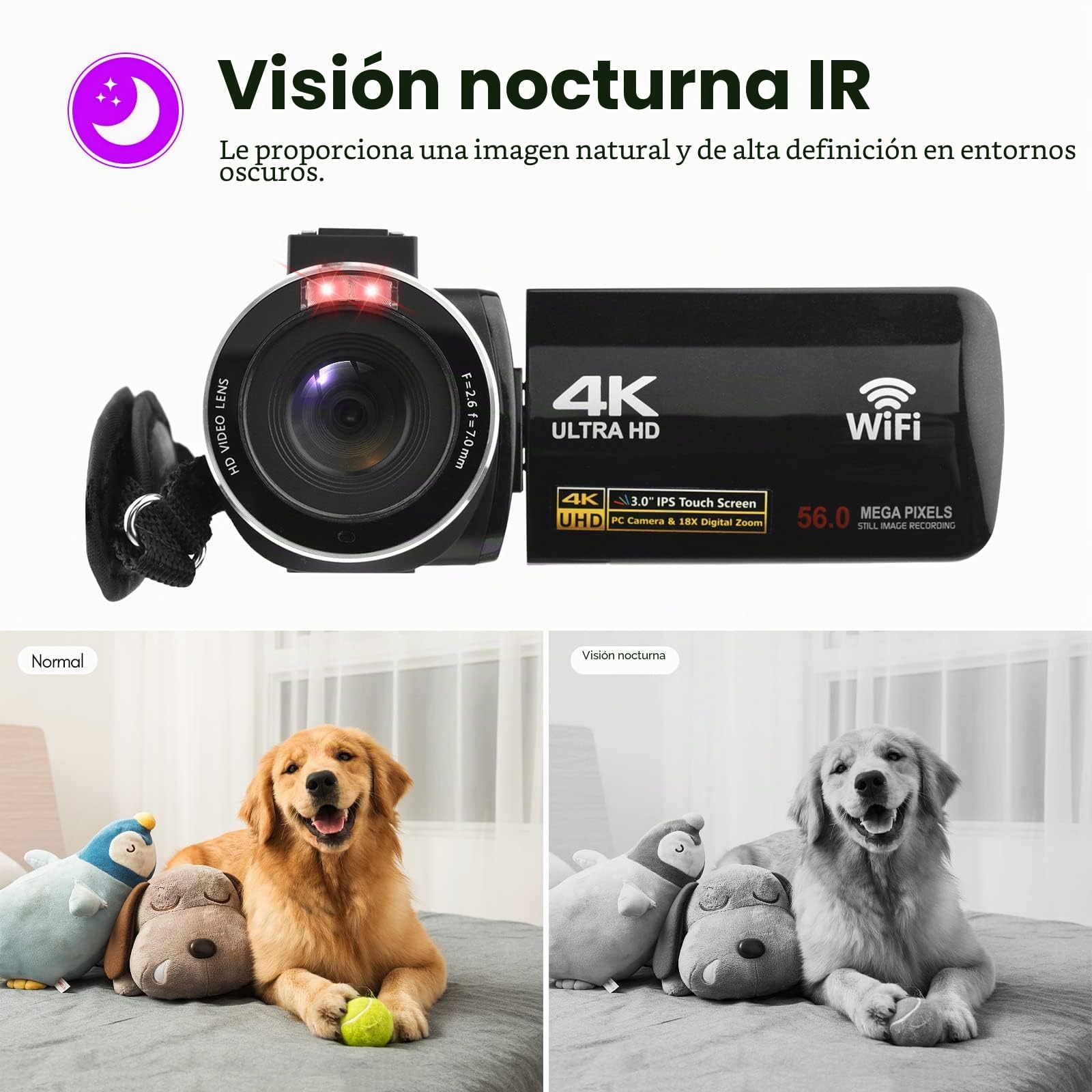 Cámara de Video Digital 4K Videocámara WiFi Grabadora DV 56MP 18X Zoom Digital Pantalla táctil IPS de 3.0 Pulgadas Admite detección de rostros Visión Nocturna por Infrarrojos Antivibración
