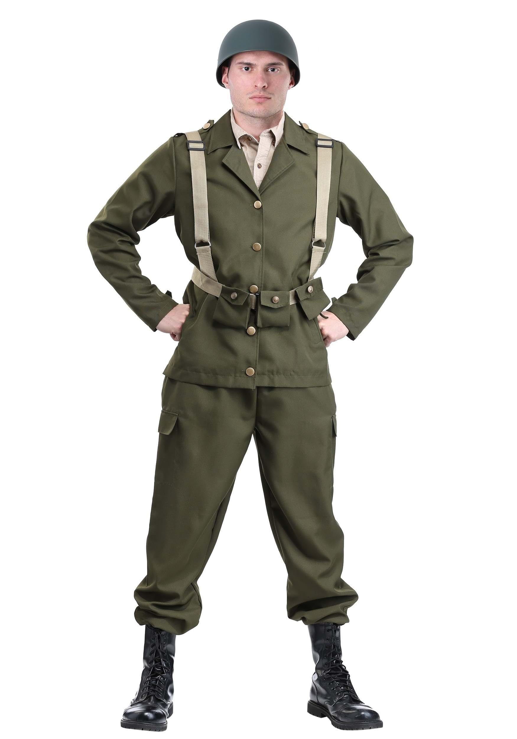 Deluxe Men's WW2 Soldier Costume Adult Dark Green Combat Uniform Halloween Outfit