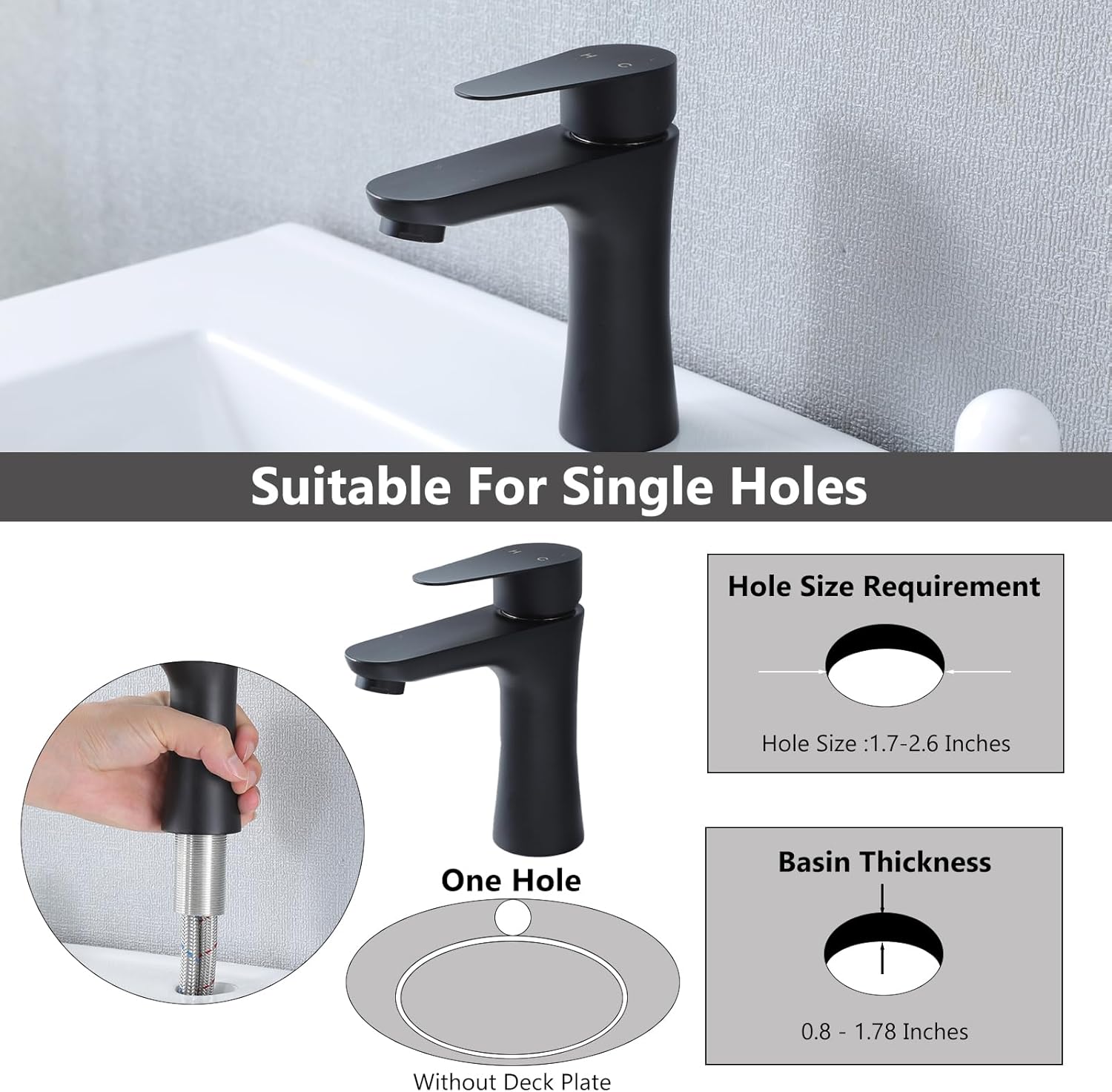 VAPSINT Black Bathroom Faucet 1 Hole, Matte Black Single Handle Bathroom Sink Faucet, Single Hole Stainless Steel Modern Vanity Faucets for Vessel RV with Water Supply Hoses and Pop Up Drain