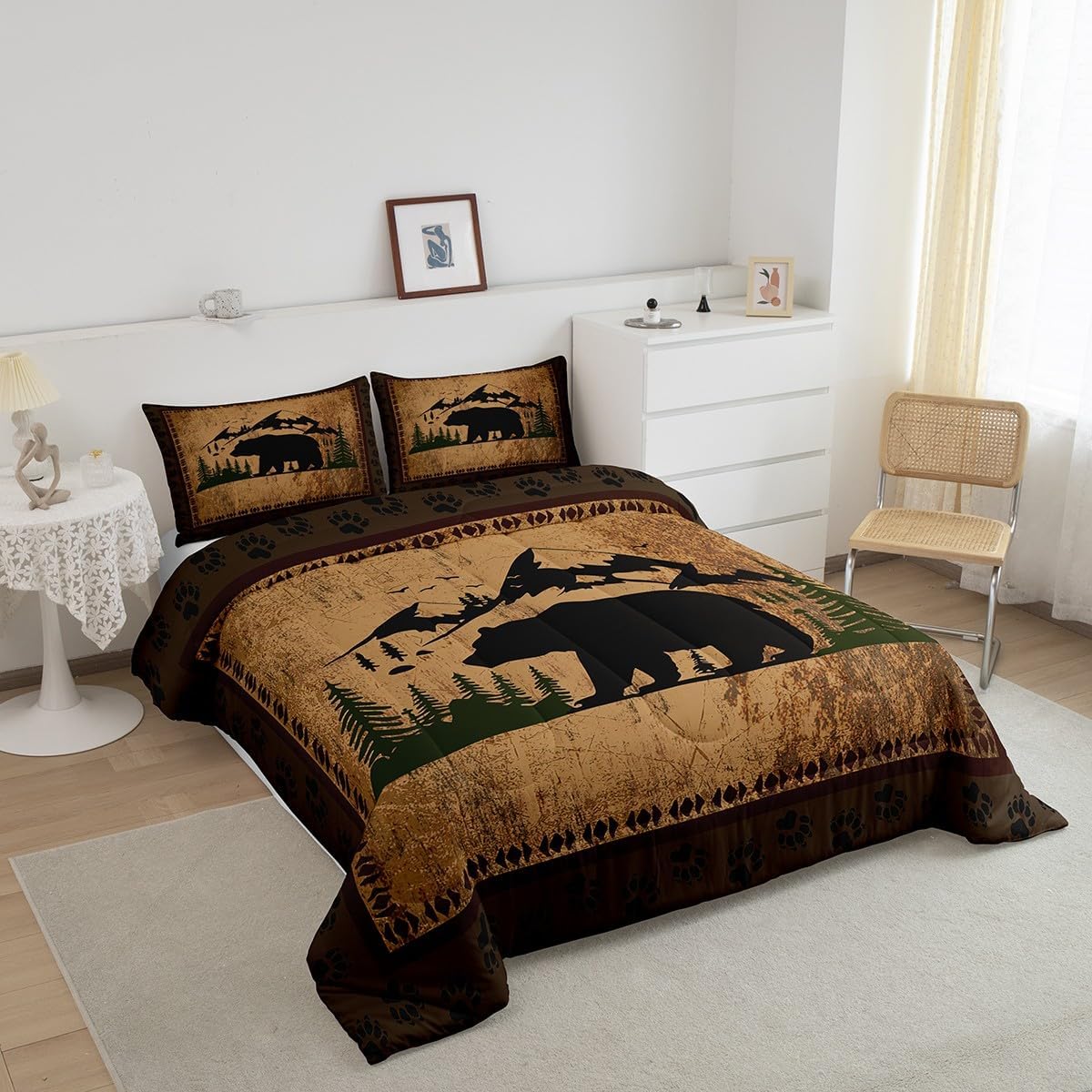 Feelyou Bear Farmhouse Western Bedding Set Wild Animal Comforter Set Rustic Cabin Comforter for Women Men Room Decor Wild Animal Duvet Set Queen Size with 2 Pillow Case