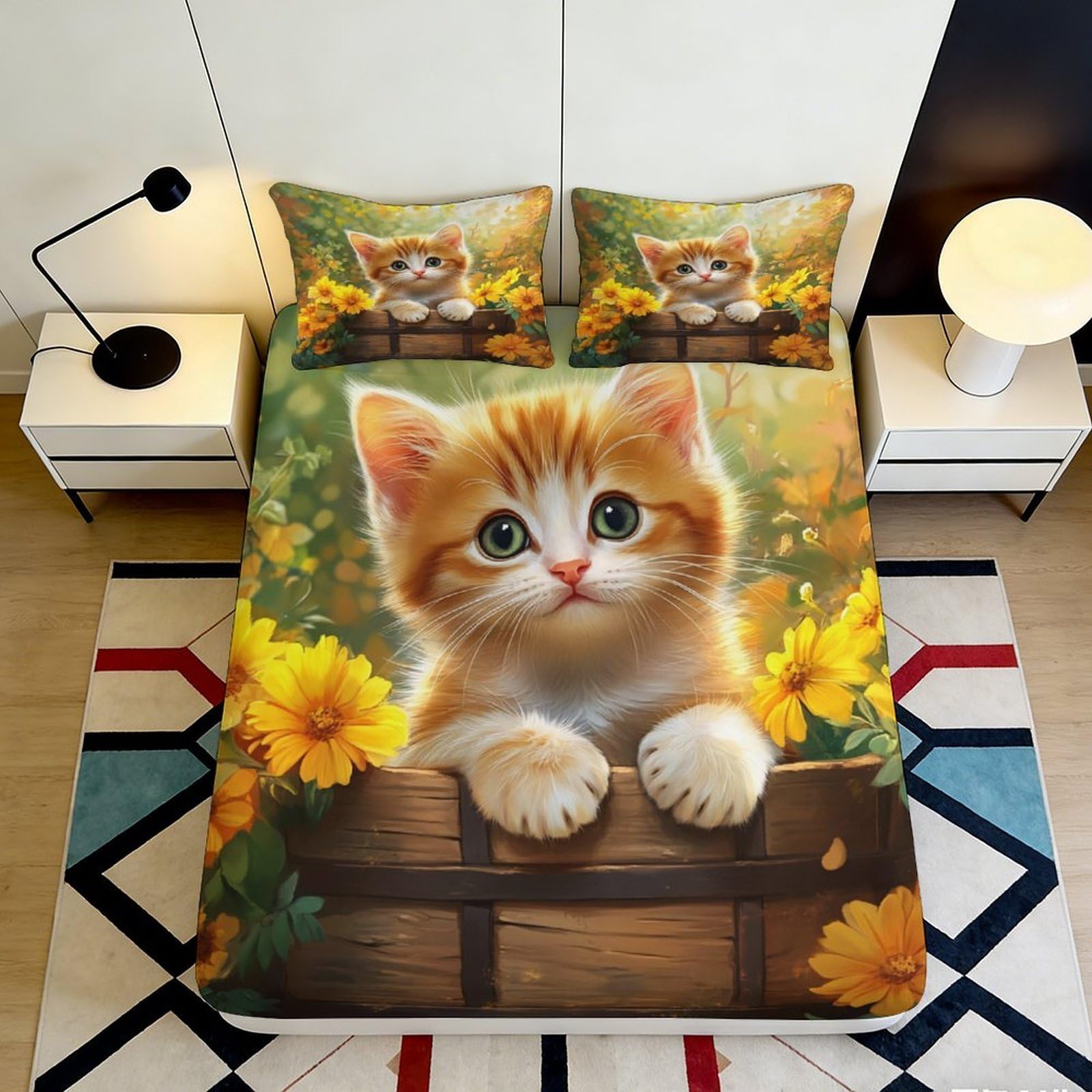 Uynsixtme Style-5 3D Printed Cute Kitten Fitted Sheet Microfiber Deep Pocket Full Wrap Bedroom Bedding Kitten Mattress Fitted Cover 200X200x25cm