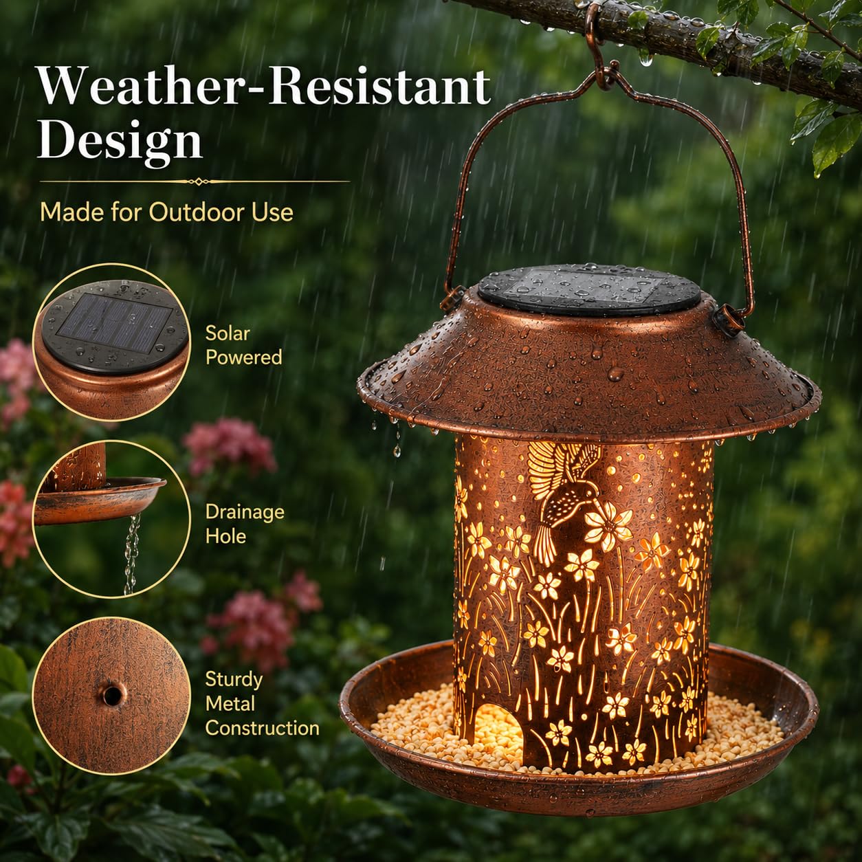 Comederos para pájaros para exteriores, faroles solares de colibrí, impermeables, para colgar, decoración de jardín, regalos de cumpleaños para mujeres, mamá, Navidad, decoración solar de metal para