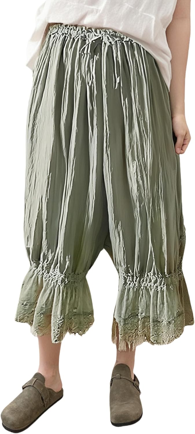 NUFIWI Women Ruffle Long Bloomer Y2k Lace Trim Pettipants Pantaloons Mid Rise Cropped Pajama Pants Under Dress Slips