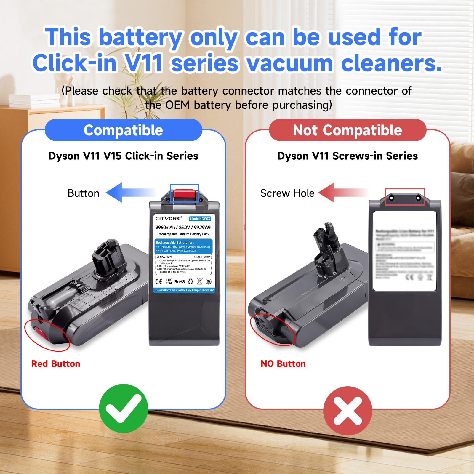 CITYORK 25,2V/ 3960mAh Bateria para Dyson V11 y V15 Click-in, para V15 Detect, SV15,SV16,SV18,SV22, SV28,SV29 Absolute/Extra/Animal/Fluffy/Torque/Drive/Outsize 970425-01 [No con V11 Montaje roscado]